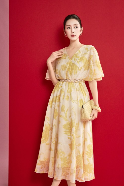 Sixdo Dark Cream Organza Flared Dress